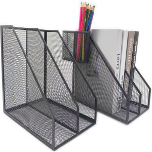 2 Set Desk Organizers, Metal Desk Magazine File Holder and 1 Pen Holder, 2 Compartments Mesh File Holder, Mesh Desktop Organizer and Storage,Black