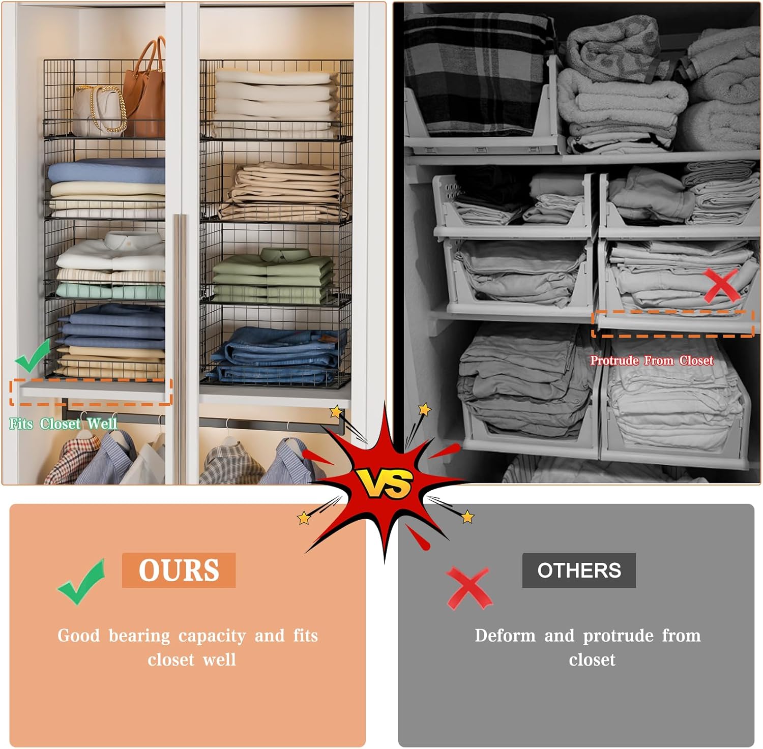 4-Tier Stackable Closet Organizers and Storage Shelves, Clothes Shelf Organizer Basket Bins, Foldable Sweater Storage for Closet Organizer System, Black (Patent Pending) - Image 2