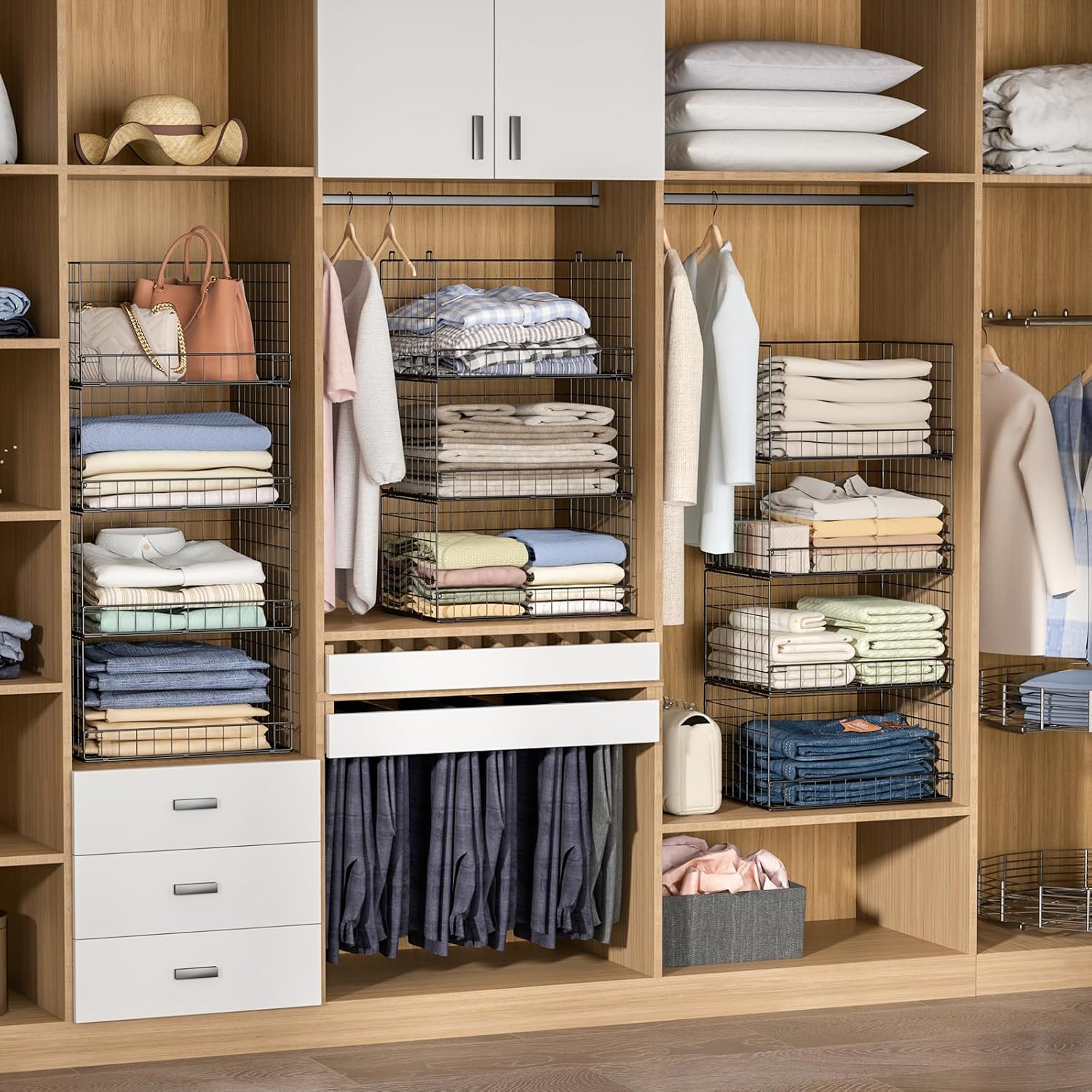 4-Tier Stackable Closet Organizers and Storage Shelves, Clothes Shelf Organizer Basket Bins, Foldable Sweater Storage for Closet Organizer System, Black (Patent Pending) - Image 4