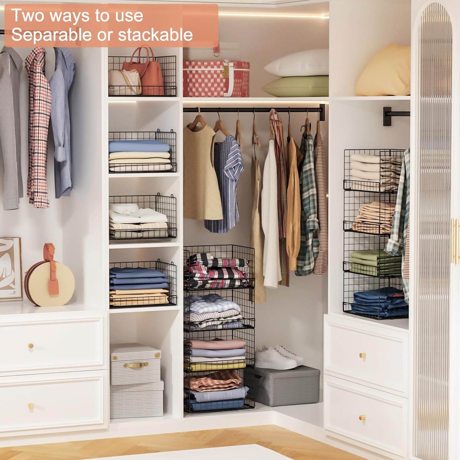 4-Tier Stackable Closet Organizers and Storage Shelves, Clothes Shelf Organizer Basket Bins, Foldable Sweater Storage for Closet Organizer System, Black (Patent Pending) - Image 5