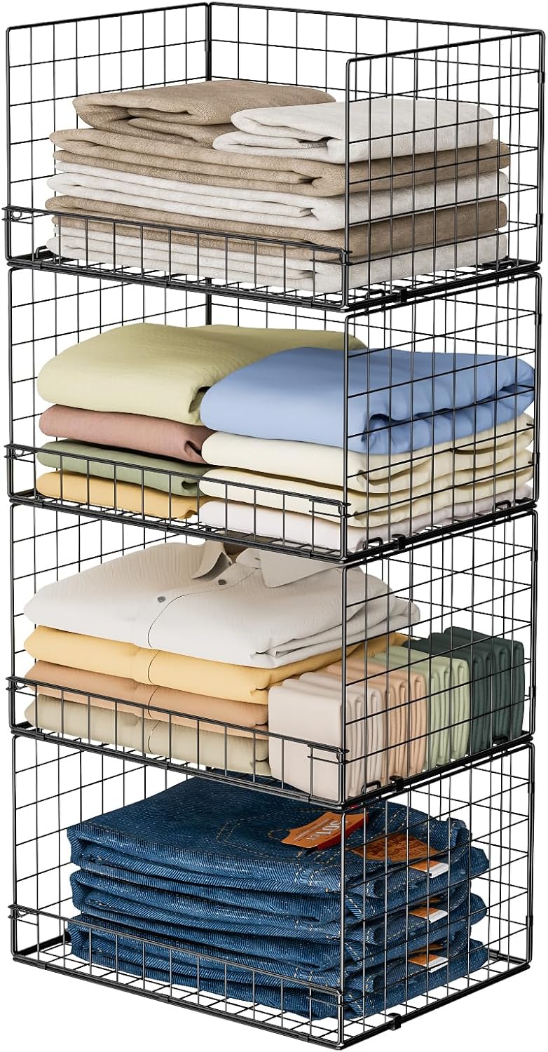 4-Tier Stackable Closet Organizers and Storage Shelves, Clothes Shelf Organizer Basket Bins, Foldable Sweater Storage for Closet Organizer System, Black (Patent Pending) - Image 8