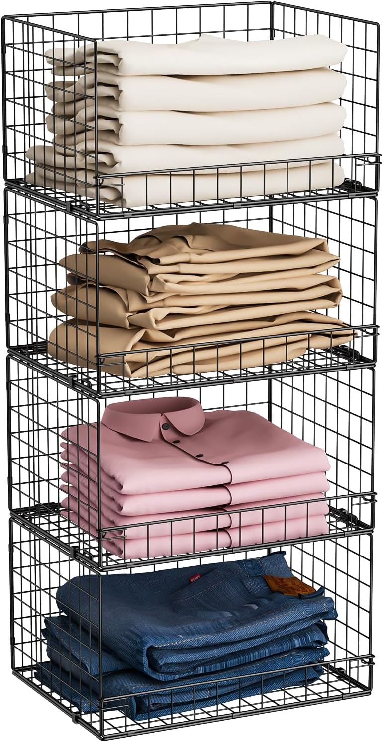 4-Tier Stackable Closet Organizers and Storage Shelves, Clothes Shelf Organizer Basket Bins, Foldable Sweater Storage for Closet Organizer System, Black (Patent Pending) - Image 9
