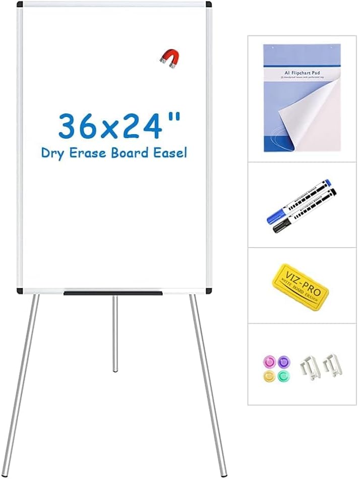 VIZ-PRO Magnetic Whiteboard Easel, 36 x 24 Inches, Portable Dry Erase Board Height Adjustable for School Office and Home