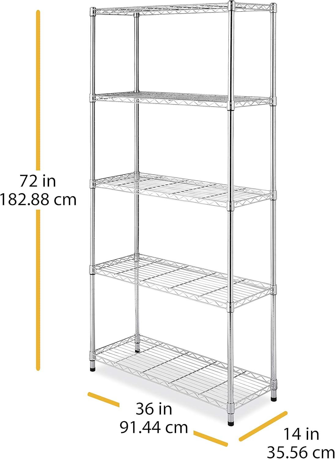 Whitmor 5 Tier Shelving Unit, Metal Storage Shelves, 400 lbs Capacity per Shelf, 2000 lbs Total, Adjustable Heavy Duty Shelf, Easy Assembly for Kitchen, Garage, Plant, 36" L x 14" W x 72" H, Chrome - Image 3